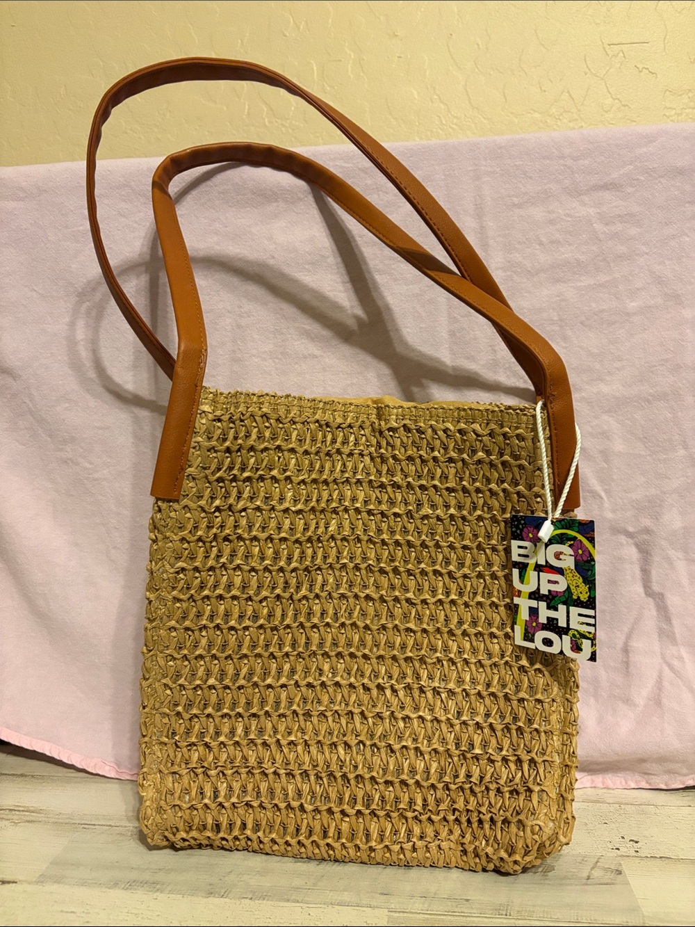 NWT Woven Straw Tote Bag with Tan Shoulder Straps